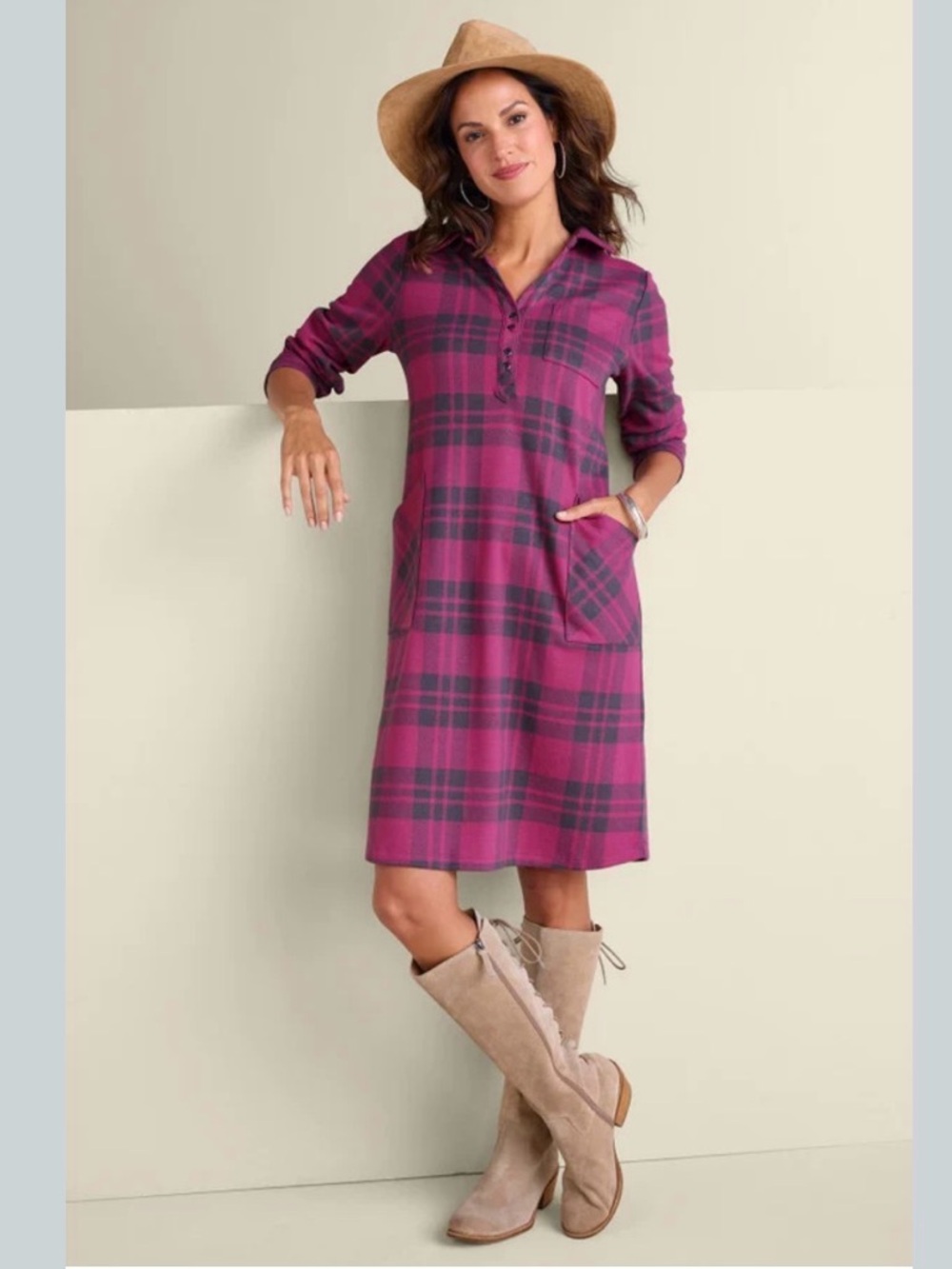 Soft Surroundings Paramount Plaid Dress Pink And Grey Knee Size XS